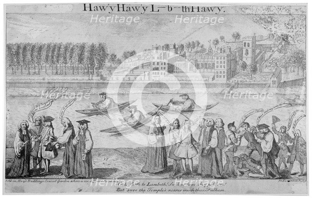 Bishops rowing on the River Thames, London, 1747. Artist: M Bavavinet