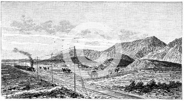 Overview Trans-Caspian railroad near the Kopet - Dagh Mounts, engraving, 1895.