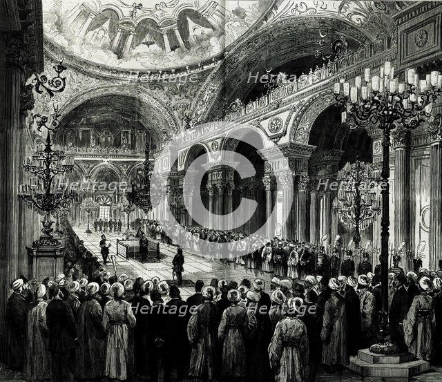 The Ottoman constitution enacted by Sultan Abdulhamid II in Dolmabahçe Palace in Dec 1876. Creator: Anonymous.