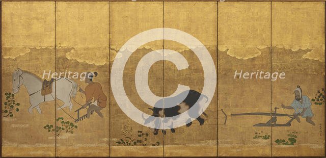 Two farmers ploughing and harrowing a rice field, Edo period, 1615-1868. Creator: Unknown.