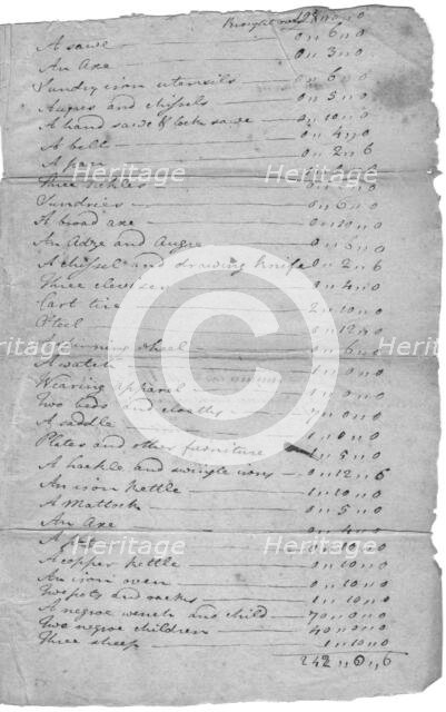 List of estate items with slaves at bottom of second page. Top reads "Inventory of..., 1800-1865. Creator: Unknown.