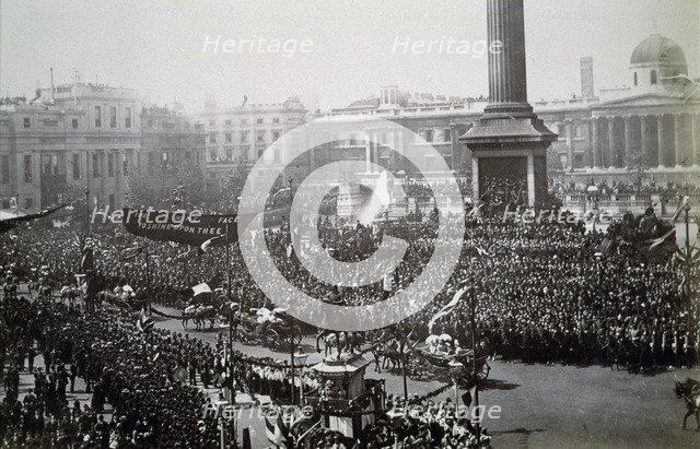 Queen Victoria in Trafalgar Square during her Golden Jubilee celebrations, London, 1887. Artist: Unknown