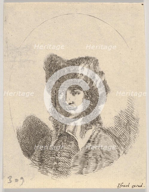 Plate 2: head of a man with a moustache and fur cap facing left, an oval composition, from..., 1650. Creator: Stefano della Bella.
