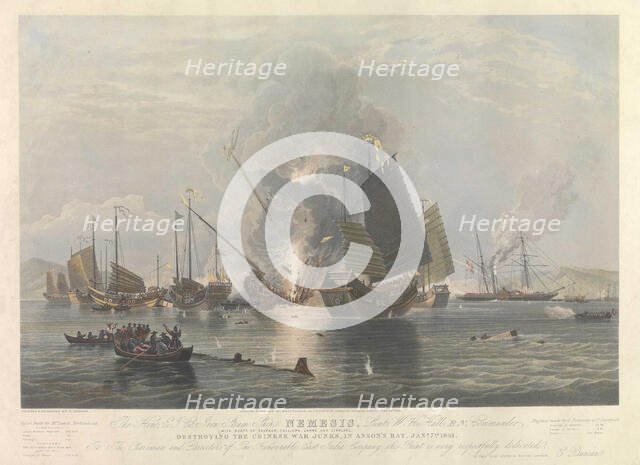 The iron steam ship "Nemesis" destroying the Chinese War Junks in Anson's Bay, 7 January 1841, 1843. Creator: Duncan; Edward (1803-1882).