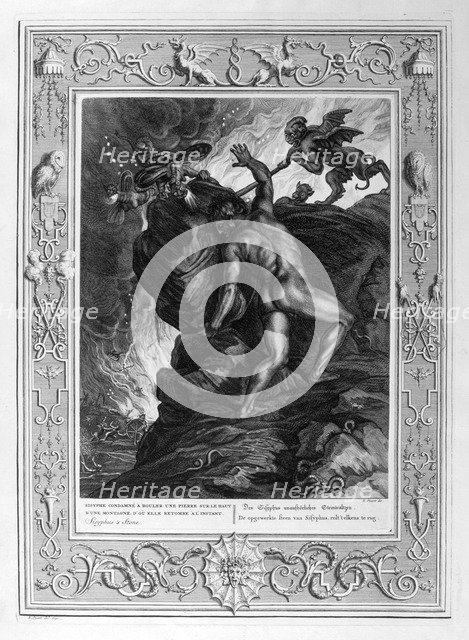 Sisyphus pushing his stone up a mountain, 1733. Artist: Bernard Picart