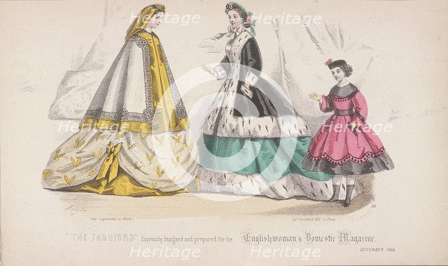 Two women and a child wearing the latest fashions, 1864. Artist: Anon