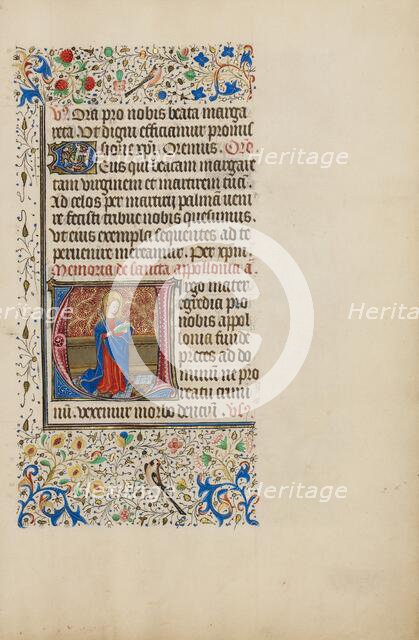 Initial V: Saint Apollonia with a Book and Tongs; Llangattock Hours, 1450s. Creator: Master of the Llangattock Hours.