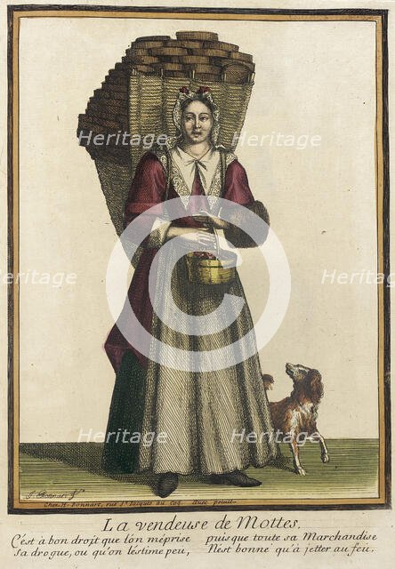 Recueil des modes de la cour de France, 'La Vendeuse de Mottes', after 1685. Creators: Jean-Baptiste Bonnart, Henri Bonnart.