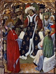  'Jesus before Pilate', table of the altarpiece of San Pedro de Pubol. Panel painting from the pa…