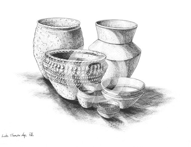 Group of pots from late Bronze Age Britain. Artist: Peter Dunn.