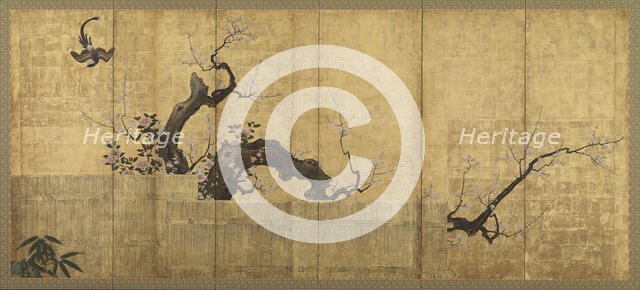 Blossoming Plum and Camellia in a Garden Landscape, Edo period, late 16th-early 17th century. Creator: Kano Koi.