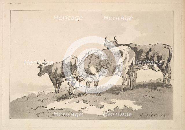 Three Cows Standing on the Ridge of a Field, 1784-87. Creator: Thomas Rowlandson.