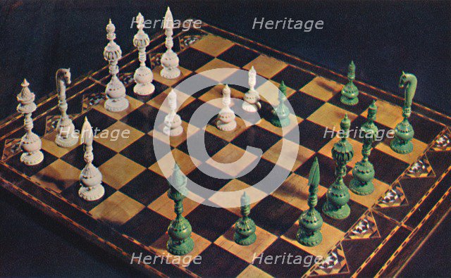 'Seventeenth-Century Ivory Chessmen and Board', 1948. Artist: Unknown.