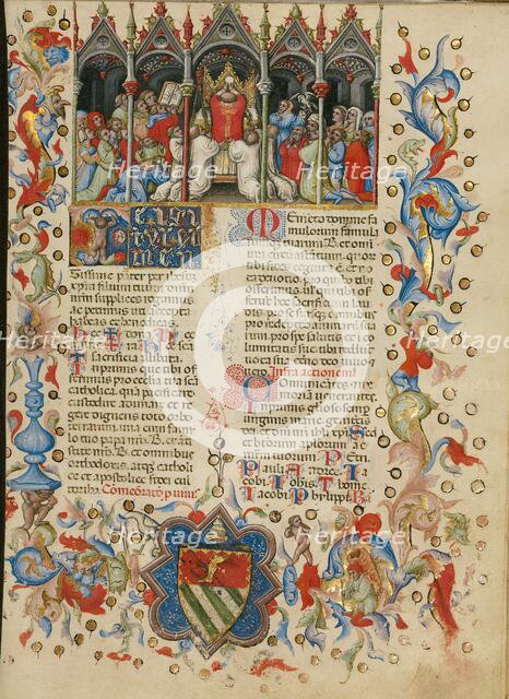 The Elevation of the Host: Initial T: A Putto Between the Sun and.., between about 1389 and 1400. Creator: Master of the Brussels Initials.