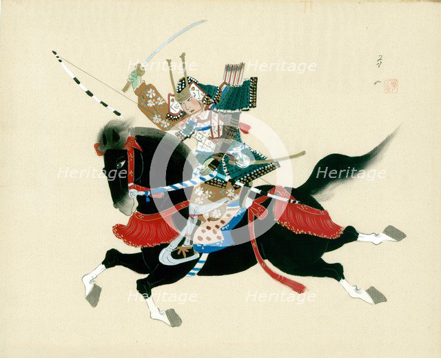 Samurai Warrior riding a horse. A Japanese painting on silk, in a traditional Japanese style. Artist: Unknown