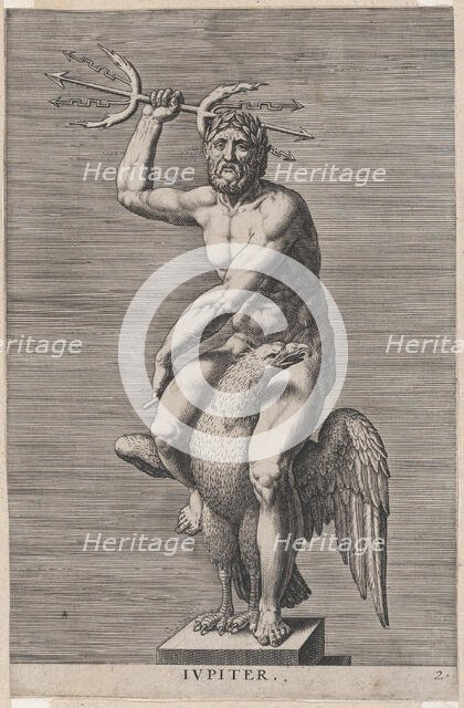 Plate 2: Jupiter; statue of the nude god seated on an eagle, holding a double trident; fro..., 1586. Creator: Philip Galle.