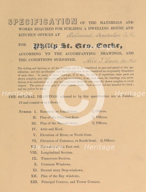 Specifications for "Belmead", James River, Virginia for Philip St. George Cocke, 1845., 1845. Creator: Alexander Jackson Davis.