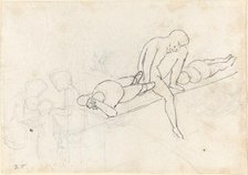 Seated Man Flanked by Two Reclining Figures; Huddle of Figures in Lower Left Corner, c. 1790. Creator: John Flaxman.