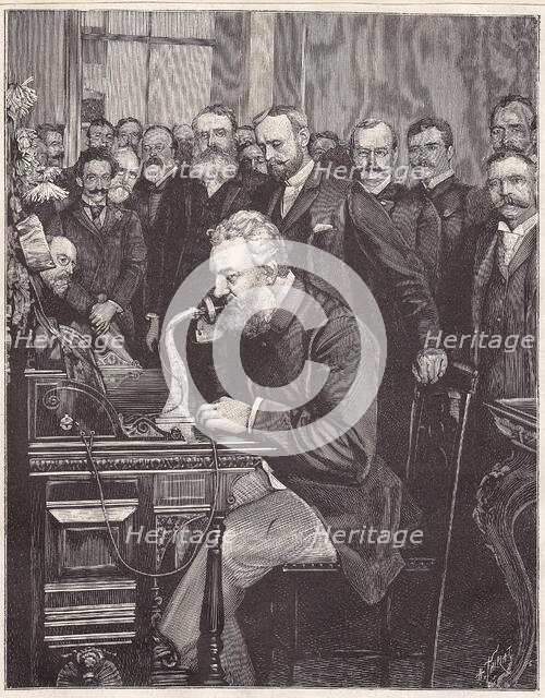 Graham Bell inaugurates the new telephone line from New York to Chicago, 1892. Creator: Thiriat, Henri (1843-1926).