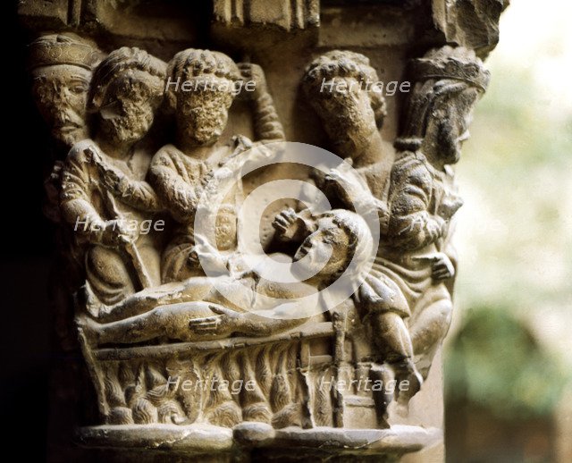 Resurrection of Jesus, decoration of a capital of the cloister from the Cathedral of Tudela.