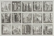Roman alphabet against architectural backgrounds, from G. P. Zanotti's Il Claustro di San ..., 1776. Creator: Pio Panfili.