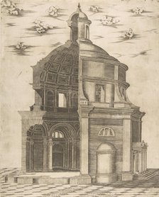 Exterior and interior section of a temple in Rome dedicated to Neptune, 1541. Creator: Giulio Bonasone.
