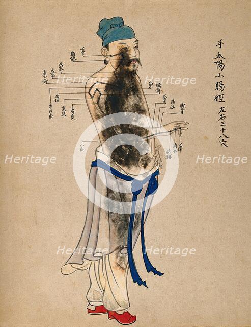 Acupuncture chart with a series of points indicated on the figure of a standing Chinese man. Creator: Unknown.