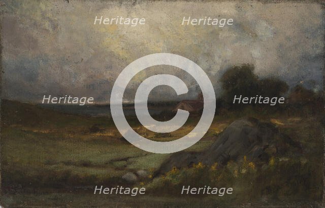 Untitled (landscape with rock in foreground and roof with steeple, lake in background), n.d. Creator: Edward Mitchell Bannister.