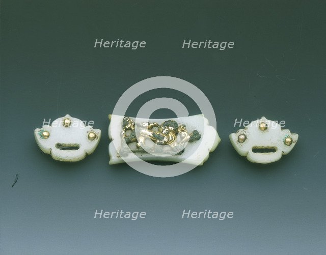 Gilt-bronze mounted group of three jade belt fittings, Liao dynasty or earlier, China, c907-1125. Artist: Unknown