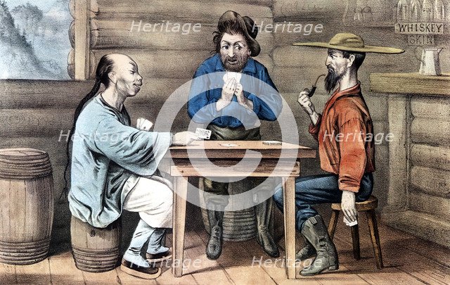 Resentment of Chinese in gold mining areas of United States, 1875. Artist: Unknown