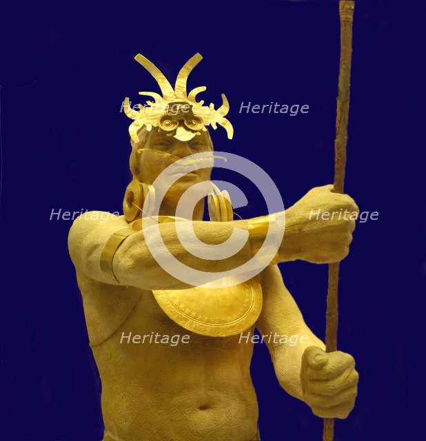 Torso of a warrior with helmet, chest, nose protection, earrings and gold bracelet.