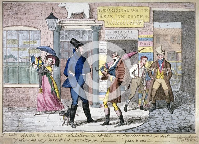 'Anglo-Gallic salutations in London, or, practice makes perfect', 1822.     Artist: George Cruikshank