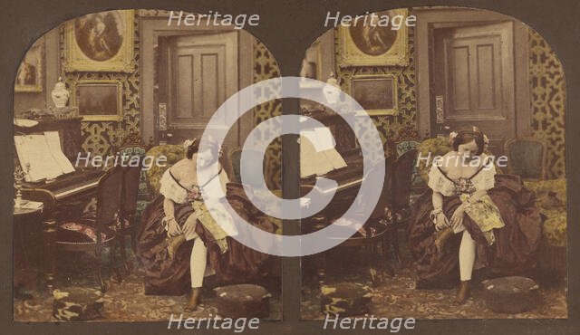 Innocence: woman seated in parlor fixing her shoe, about 1860. Creator: Unknown.