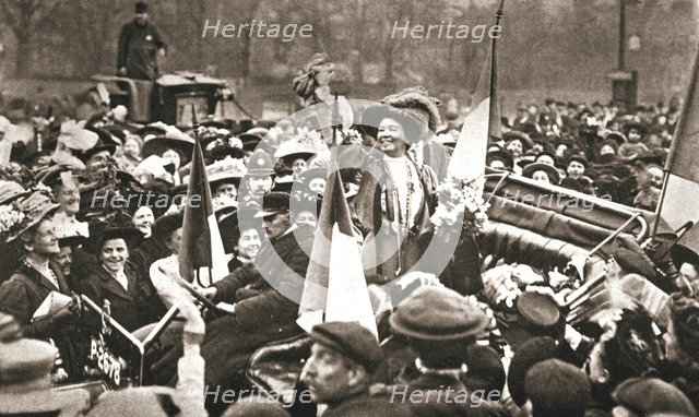 British suffragette Emmeline Pethick-Lawrence's release from prison, 17 April 1909. Creator: Unknown.