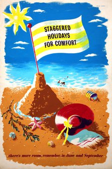 'Staggered holidays for comfort. There's more room...', WWII poster, between 1939 and 1946. Creators: Central Office of Information, Eileen Evans.