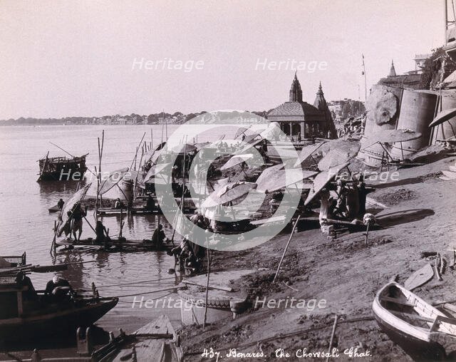 Benares (Varanasi), Uttar Pradesh: people bathing in the river Ganges, c1880s. Creator: Unknown.