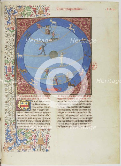 Celestial spheres, planets and zodiacs. Miniature from the Livre des proprietés des choses, c. 1480. Creator: Anonymous.