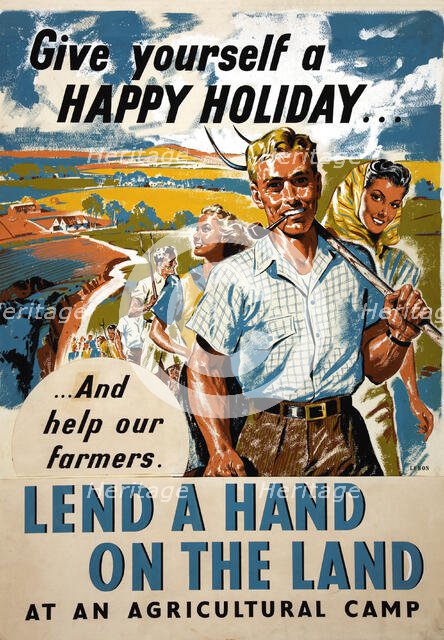 Give Yourself A Happy Holiday Lend A Hand On The Land poster, WWII. Creator: Mary Le Bon.