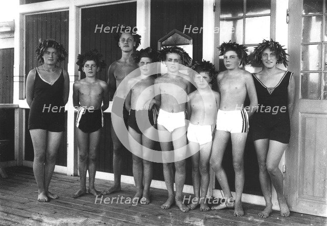 Children wearing swimming costumes and headdresses, Sweden, c1930-1959(?). Artist: Unknown