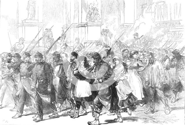 The Late Events in Paris: Communist prisoners led through the Place de l'Opéra, 1871. Creator: C. R..