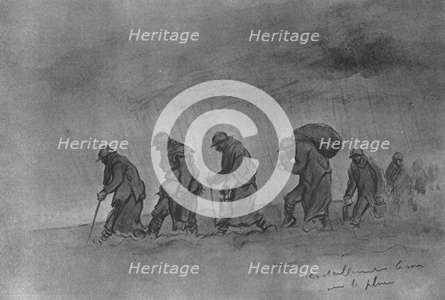 'Deux pages de l'album de sem : "quelques croquis de guerre"; Ravitaillement le soir..., 1916. Creator: Georges Goursat.