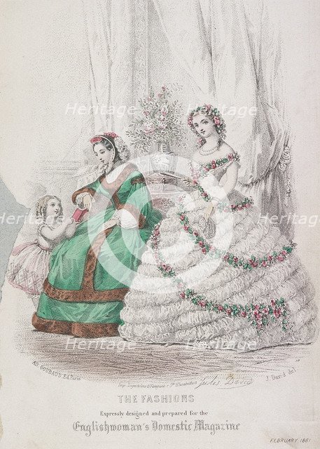 Two women and a child wearing the latest fashions, 1861. Artist: Anon