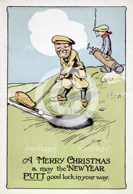 Christmas card with golfing theme, British, 1913. Artist: Unknown