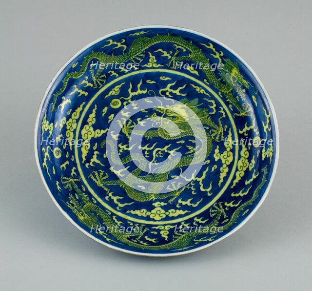 Dish with Dragons amid Clouds, Chasing Flaming Pearls, Qing dynasty, Qianlong reign (1736-1795). Creator: Unknown.