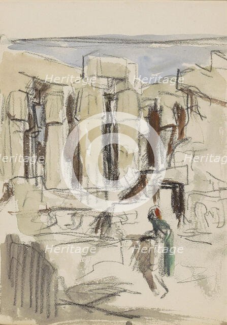 Figure at the colonnade of the Luxor Temple, 1919. Creator: Marius Bauer.