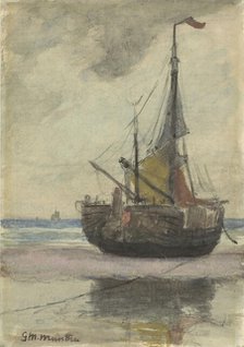 Fishing boat on the beach with reefed sail, 1885-1960. Creator: Gerhard Munthe.
