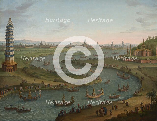 A capriccio with the French Ambassador approaching the King of Siam's Palace in a state barge... Creator: Joli, Antonio (1700-1777).