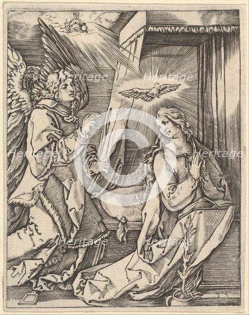 The Annunciation; on the left the archangel Gabriel approaches the praying Virgin..., ca. 1500-1534. Creator: Marcantonio Raimondi.