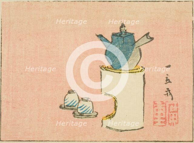 Teapot and cups, section of a sheet from a series of untitled harimaze prints, c. 1850s. Creator: Ando Hiroshige.