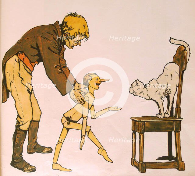 Geppetto, Pinocchio and cat, 1911. Creator: Attilio Mussino.